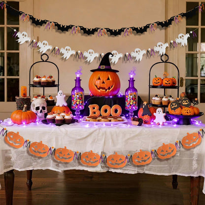 FuSenYuan Halloween Felt Garland Set of 3 (Pre-Strung) Ghost Bat Pumpkin Garland with Wooden Beads and Ribbons Felt Halloween Hanging Garland Banner for Party Mantle Home Wall Decor