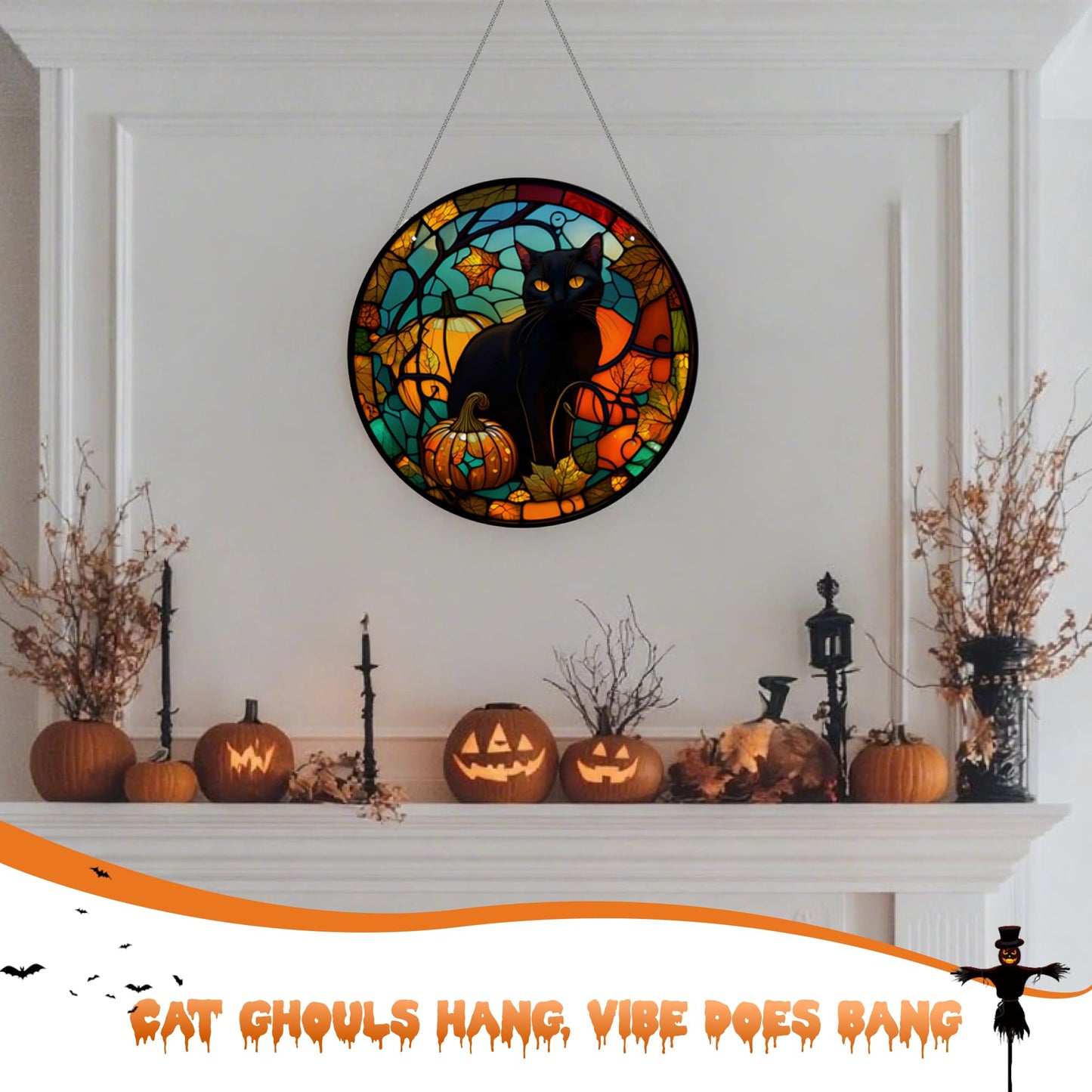Halloween Decor, Black Cat Halloween Wreath Acrylic Window Hanging Decorations for Door Garden Bathroom Gifts Indoor Outdoor (Black cat)