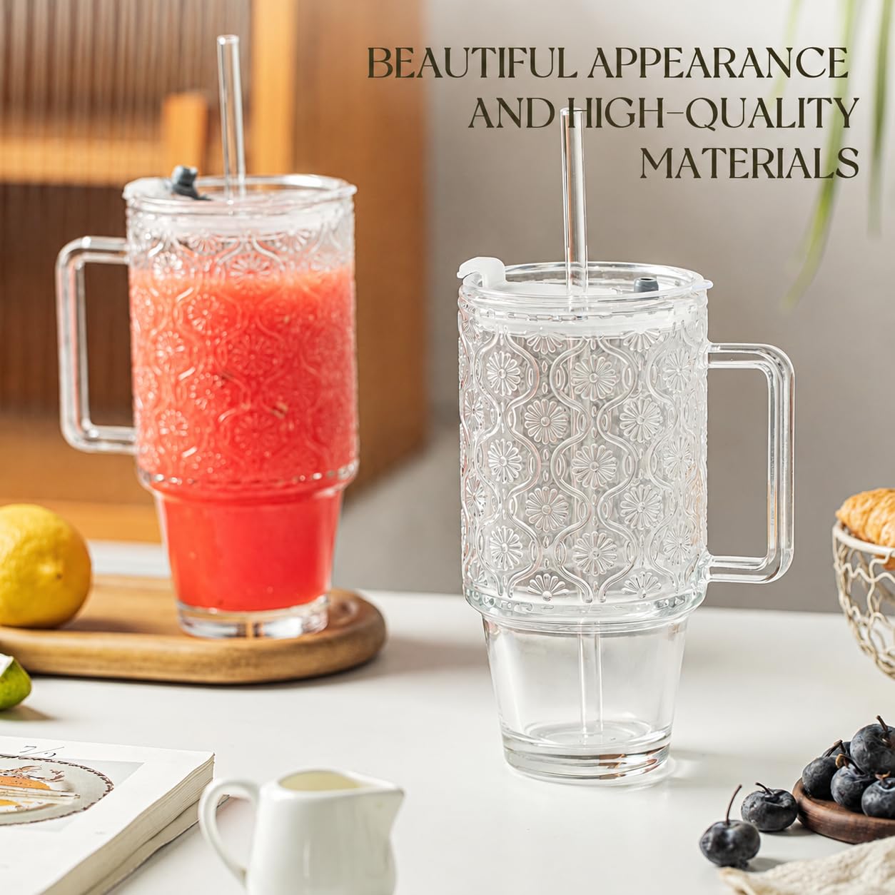 KEMORELA 24 Oz Ribbed Glass Tumblers with Lids and Straws, Tumbler Cup with Handle, Iced Coffee Glassware, Clear Reusable Drinkware for Smoothies and Beverages(1)