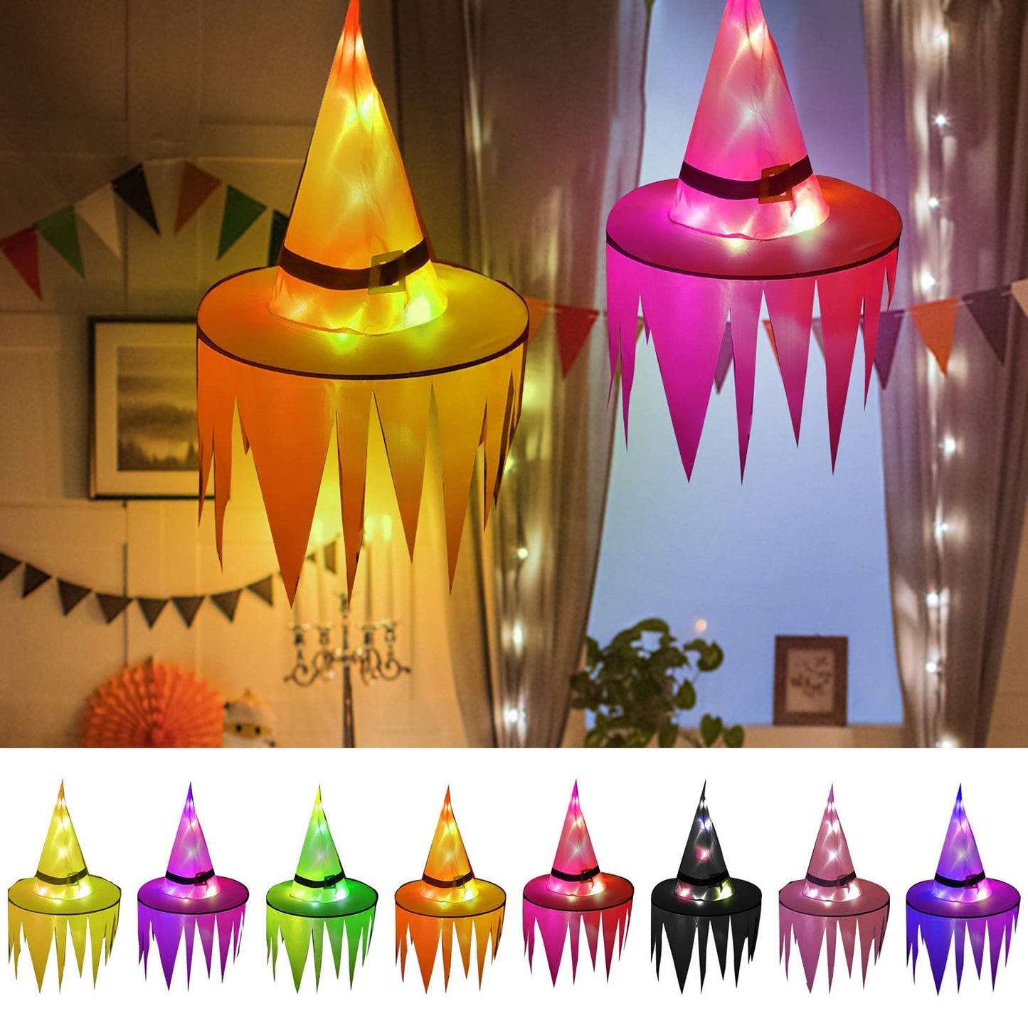 2PCS Hanging Witch Hats with Lights Halloween Decorations Outdoor Indoor Floating Witch Hat Waterproof Halloween Light up Witches Hat for Porch Yard Patio Garden Tree Home Party Supplies, Orange