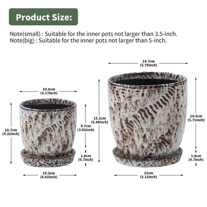 4+5.75 Inch Ceramic Planter Set of 2 with Drainage Hole and Saucer for Plants, Indoor-Outdoor Large Round Succulent Orchid Flower Pot -Reactive Glaze Speckled(Inner-pots not Larger Than 5 Inch)