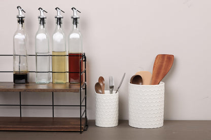 Docrin Ceramic Kitchen Utensil Holder 2 Pack - 6.8"+5.1" Inch Countertop Storage Organizer, Non-Slip Base, Easy to Clean, Elegant White Ceramic Utensil Crocks for Spatulas, Spoons, Cooking Gadgets
