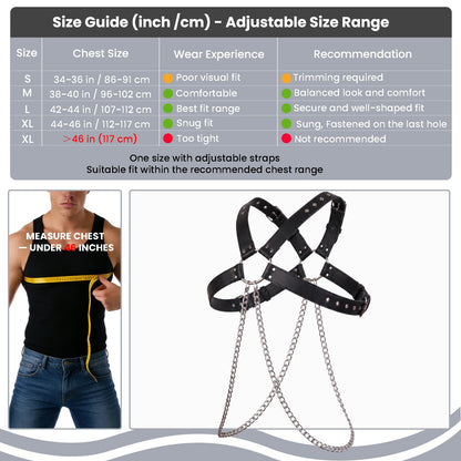 Brycarely Mens PU Leather Chest Harness Chains Costume Cosplay Top, Adjustable Body Harness Shoulder Straps Male Punk Fashion Steatement Rave Outfit for Music Festival Party Halloween Cosplay D167