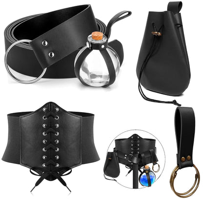 SUMGOGO 5PCS Corset Renaissance Belt Medieval Renaissance Belt Pouch Cork Potion Bottle Hikes Festival Halloween Costume Accessories (Black, L-Waist/32-43")