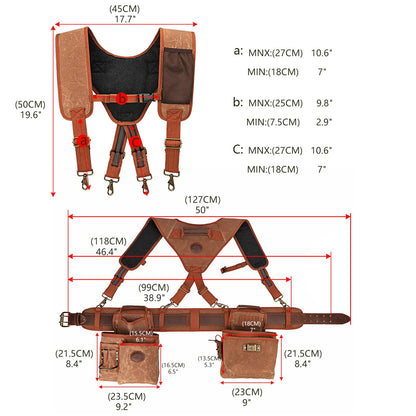 Heavy Duty Canvas Carpenter Tool Belt with Suspenders & 12 Pockets, Detachable Tool Pouch Set for Framers Construction Electricians, Padded Rig, Brown, Fits 39-46" Waist