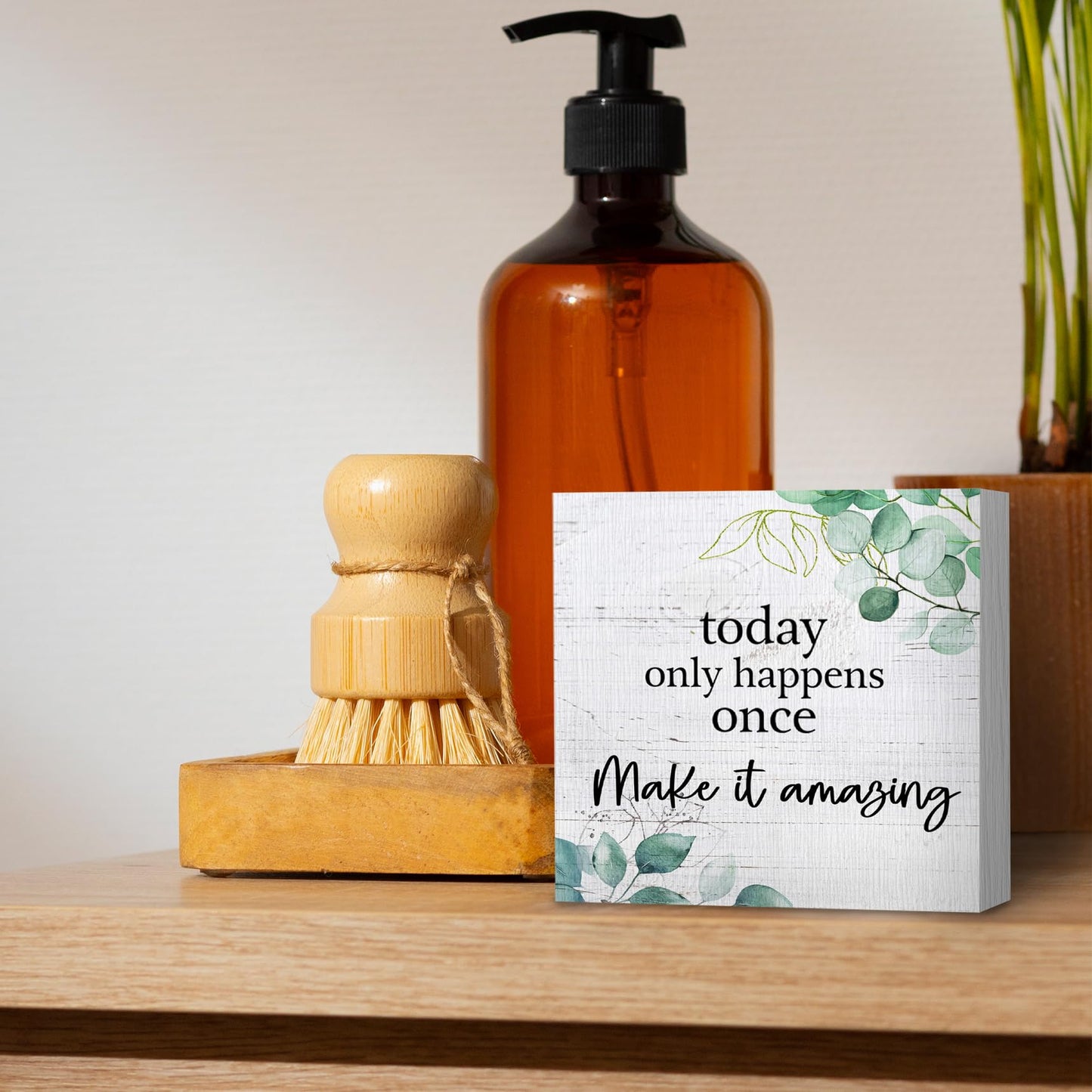 ANIANG Inspirational Wooden Box Sign, Motivational Desk Decor, Rustic Modern Farmhouse Decor, Today Only Happens Once Make It Amazing Wood Block Box Sign Plaque for Office Home Shelf