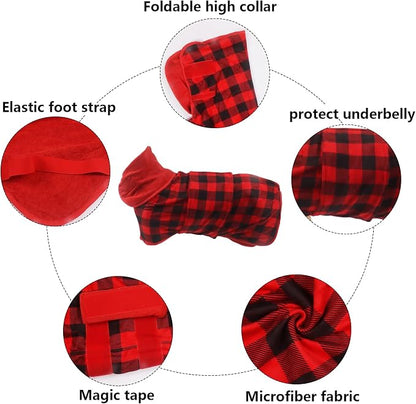 Geyecete Dog Drying Coat - Fast Drying Dog Bath Robe Towel - Microfibre Super Absorbent - Red Black Grid - M