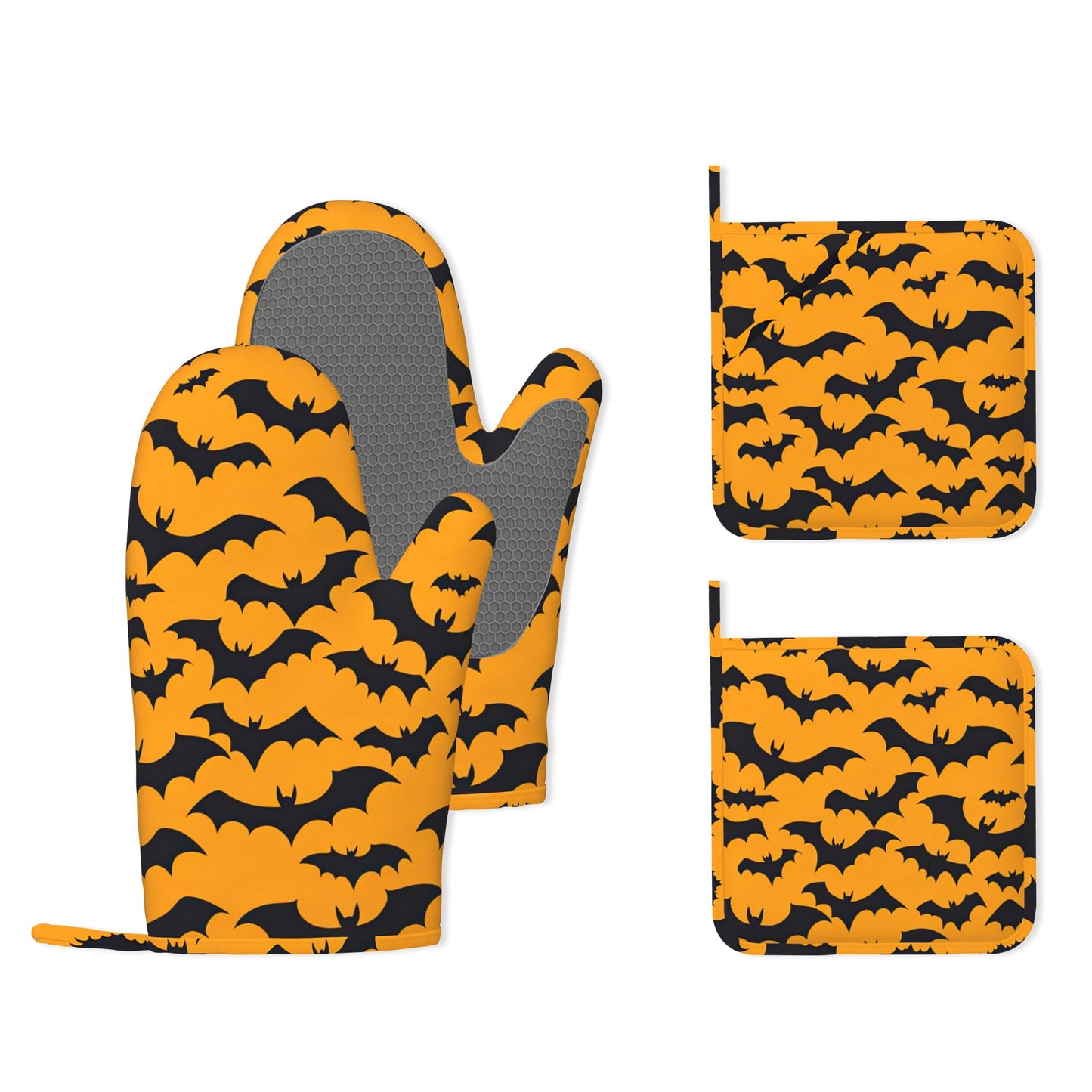 Halloween Bat Heat-Resistant Silicone Oven Mitts and Pot Holders 4 Piece Set,Extra Long Non-Slip Kitchen Oven Gloves for Cooking, Baking, BBQ,Grilling