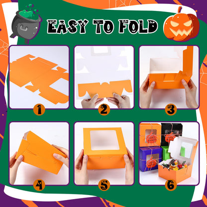 Resholder 48 Pcs Halloween Cookie Boxes with Window 4 x 4 x 2.8 Inch Tricks or Treat Boxes Candy Gift Bakery Dessert with Pumpkin Gift Cards, 3 Bundle Ropes for Halloween Party