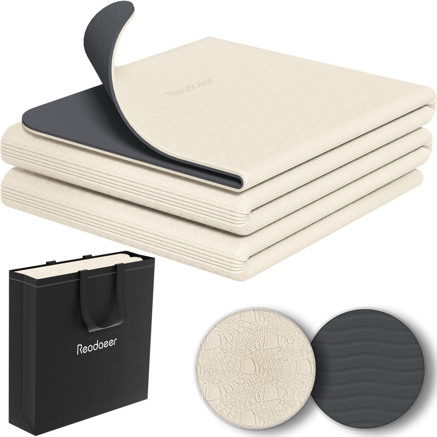 Readaeer Foldable Yoga Mat for Travel Folding Yoga Mat 6mm Thick with Carrying Bag, Non-Slip TPE Exercise Pilates Mat for 72" L x 24" W x 0.24 Inch (Beige)