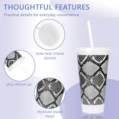 LIONSOUL 12 Pack Snake Print Reusable Cups with Lids and Straws 24 oz Plastic Tumblers Bulk Snakeskin Pattern Party Cups for Birthday Halloween Fashion Theme Party Supplies