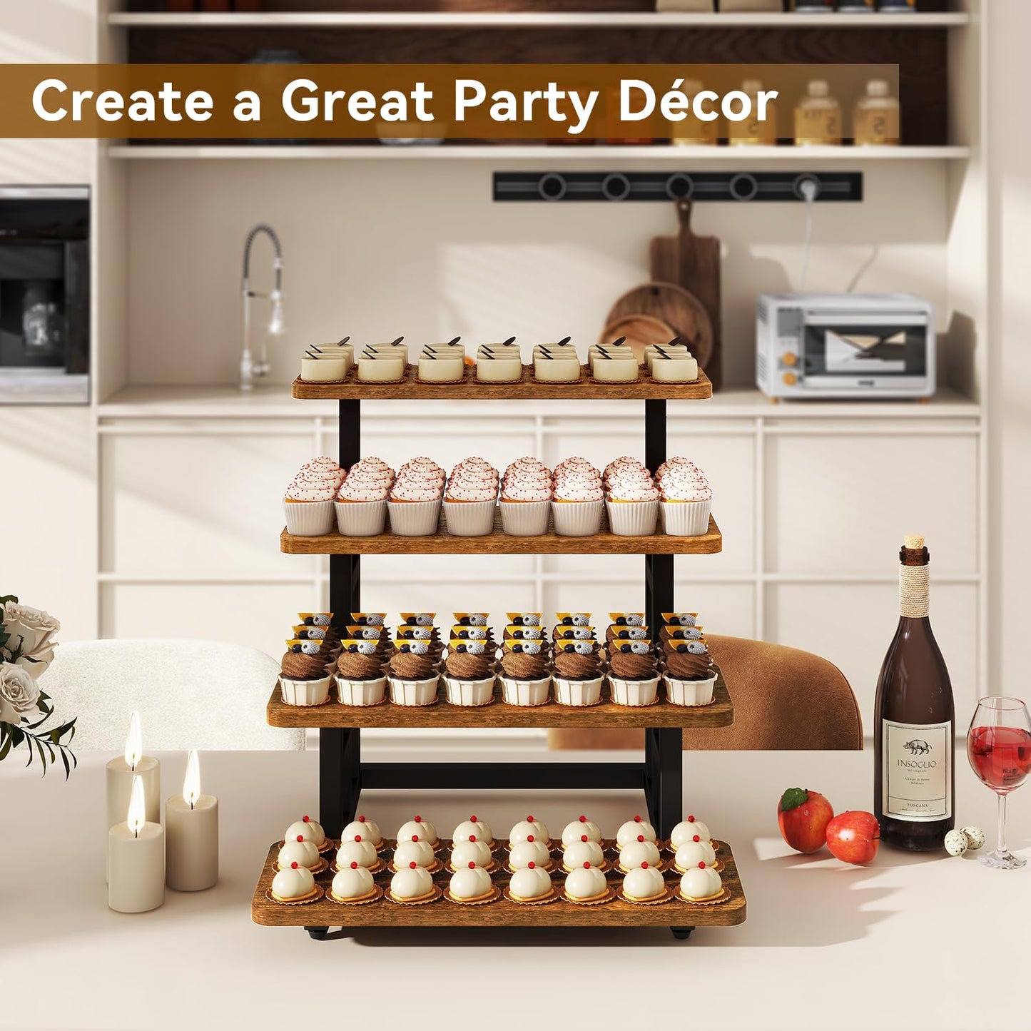 IBUYKE 4 Tier cupcake stand, Set of 2,Wooden Risers Display Stands Serving Trays,Tiered Display Stand,Dessert Table Display for Party,Afternoon Tea,Rustic Brown UTLJ018H-2