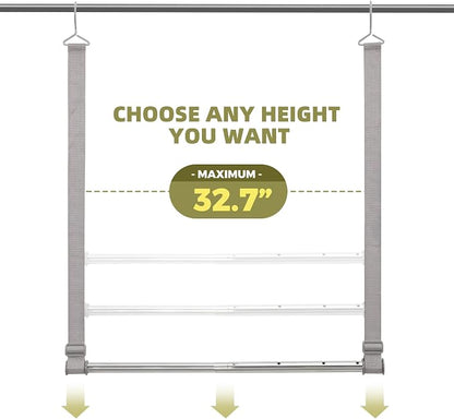 Hanging Closet Rod, 17-28In Width and Up to 32In Height Closet Extender, Double Hanging Bar with Powder-Coated Metal Pole and Adjustable Webbing, Space-Saving Tension Organizer, 1 Pack