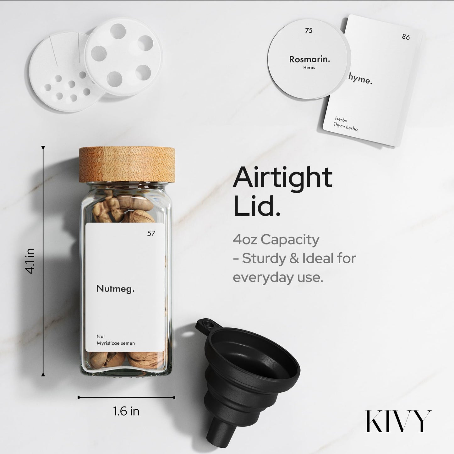 KIVY Spice Jars with Labels [24x 4oz] Glass Seasoning Containers with Airtight Lids for Organization - Empty Square Bottles for Spices & Seasonings with Shaker Lids - Spice Containers Bamboo