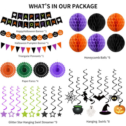 Halloween Party Decorations Happy Halloween Banner Honeycomb Balls Paper Fans Hanging Swirls Triangle Garland for Indoor Home Office Class School Party Supplies