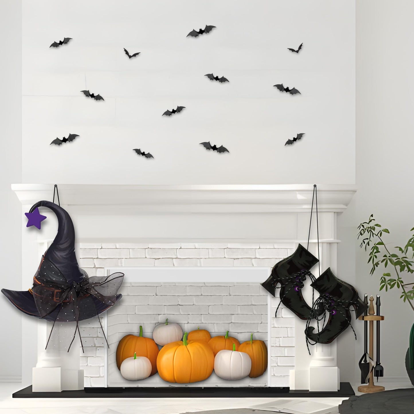 Halloween Witch Hanging Door Decor - Hocus Pocus Hat Shoes Sign Wreath Wooden Decorations with Bats for Wall Outdoor