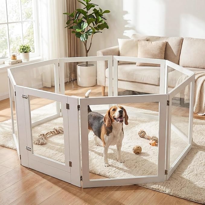 Heavy Duty Clear Acrylic Dog Playpen for Small/Medium Pets – 32" High Clear Pet Pen with Sturdy Metal Frame (White, 2 Extended Panels)