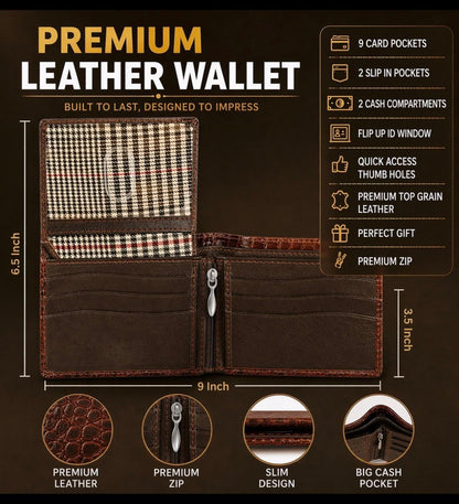 Beaaric Men’s Leather Wallet RFID Blocking Slim Bifold Wallet for Men with 9 Card Slots, 1 ID Window, 2 Hidden Pockets, Zip Coin Pocket & 2 Cash Compartments Stylish Brown Crocodile Pattern