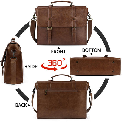 Leather Mens Messenger Bag Vintage 15.6 Inch Waterproof Leather Laptop Briefcase Satchel Shoulder Bag Computer Laptop Bag, Dark brown