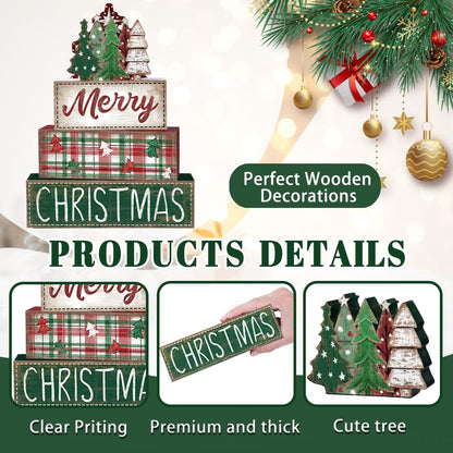 DIYDEC 4Pcs Christmas Table Decoration Green Tree Wooden Block Sign Christmas Tiered Tray Decor Winter Centerpiece Decorative Sign for Xmas Holiday Tabletop Coffee Fireplace Shelf Desk Party Decor