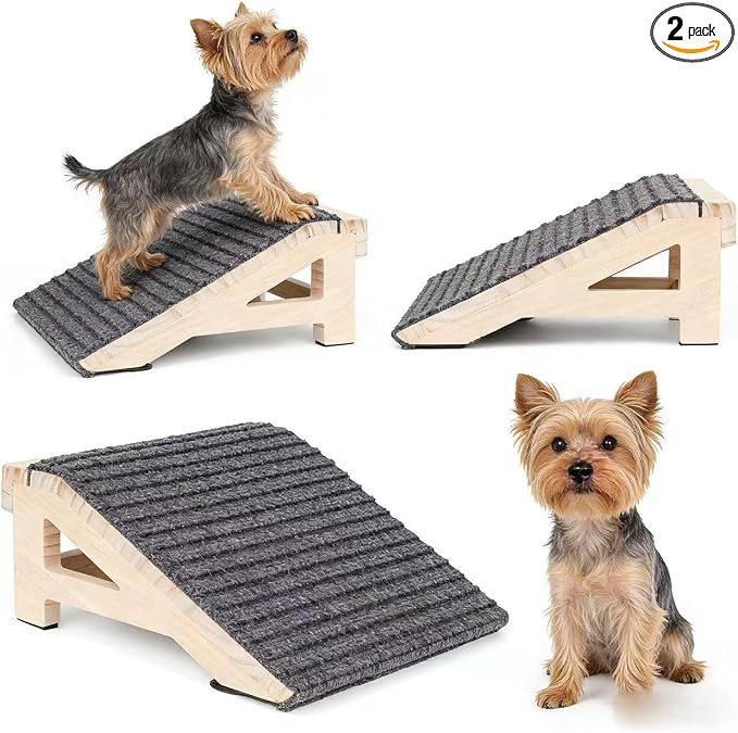 Wood Dog Ramp Stairs for Outdoor, Low Angle Dog Ramp for Stairs | 4.2"H, 2 Pack, ups to 170lbs, Premium Solid Wood, Anti-Slip Carpet Surface, Dog Stairs for Small Dogs, Footrest & Stretcher