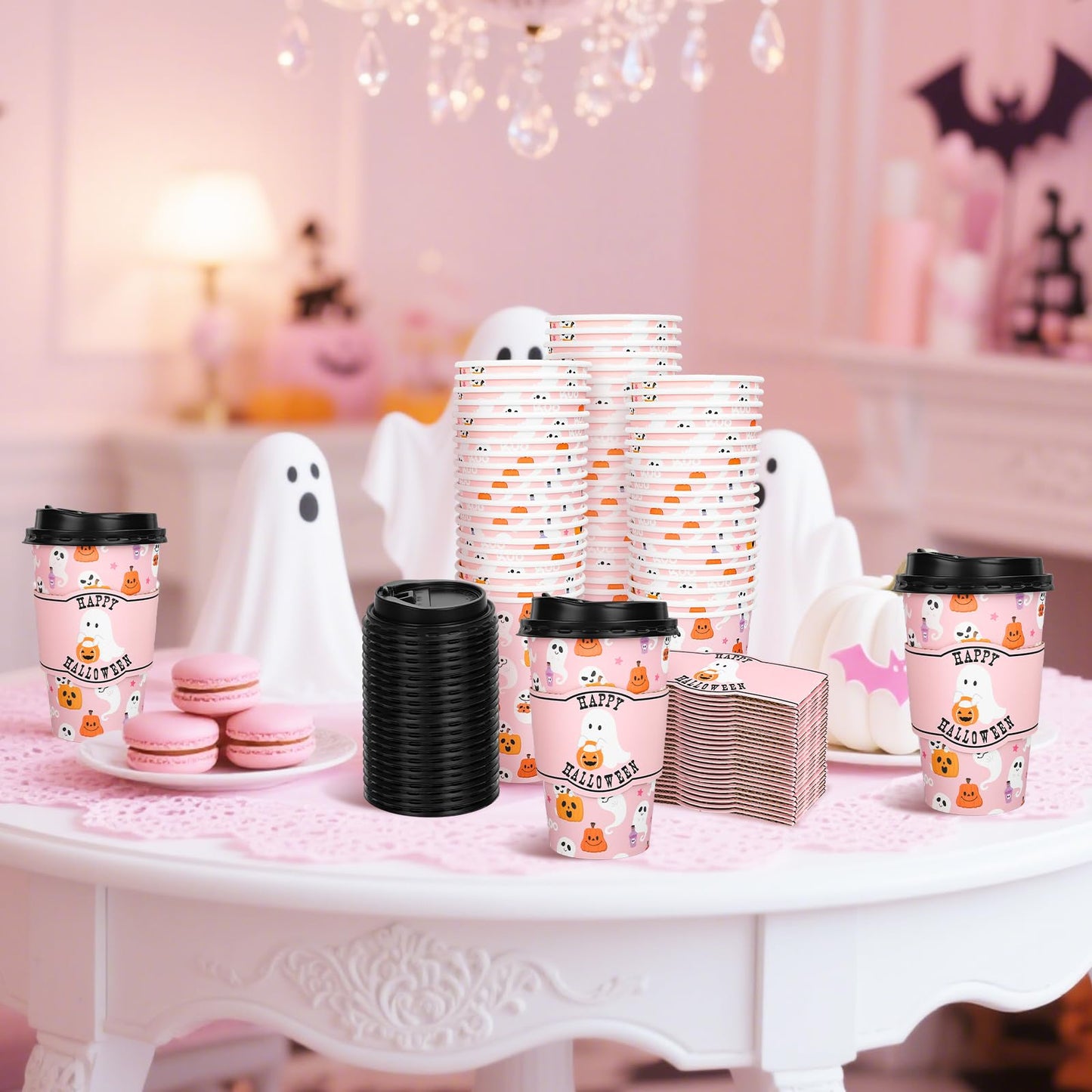 Whaline 50Pcs 16Oz Halloween Disposable Coffee Cups with Lids and Sleeves Pink Ghost Boo Pumpkin Paper Drinking Cup for Trick or Treat Birthday Party Supplies