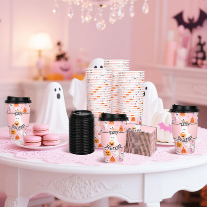 Whaline 50Pcs 16Oz Halloween Disposable Coffee Cups with Lids and Sleeves Pink Ghost Boo Pumpkin Paper Drinking Cup for Trick or Treat Birthday Party Supplies