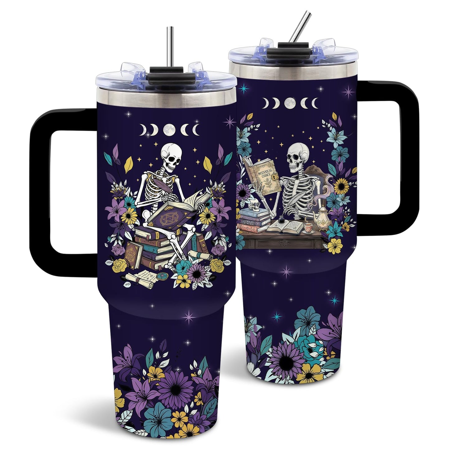 Book Lovers Gift for Women - Gothic Style Skeleton Reader 40 oz Tumbler with Handle and Straw, Stainless Steel Insulated Coffee Travel Cup for Women Men Reading Gifts Halloween Skull Birthday Gift