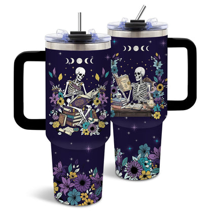 Book Lovers Gift for Women - Gothic Style Skeleton Reader 40 oz Tumbler with Handle and Straw, Stainless Steel Insulated Coffee Travel Cup for Women Men Reading Gifts Halloween Skull Birthday Gift