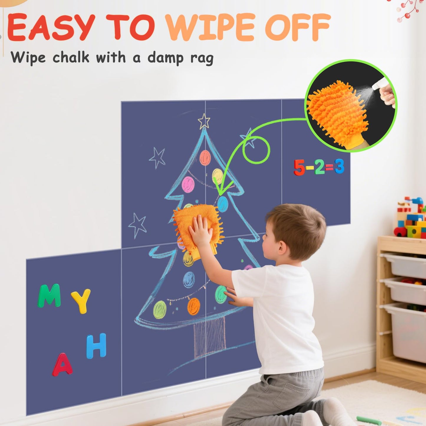 OMKSIH Magnetic Chalkboard Wall Decal Set of 6 Peel and Stick Magnet Sheets with Chalk Tangram Puzzle and Multiple Accessories Dusty Blue Magnetic Chalk Boardfor Home Playroom and Classroom