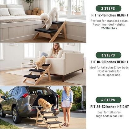 Dog Stairs/Ramp for Bed, Wooden 2-in-1 Foldable Pet Stairs & Ramp, Portable Dog Ladder Up to 180 Pound for Elderly/Short-Legged Dogs, 3 Steps for Beds, Couch