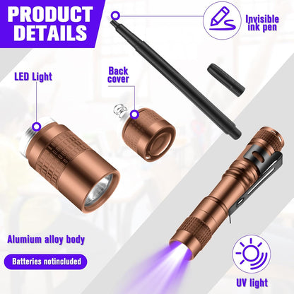 Tegeme 8 Pcs Black Light Markers Set 4 Invisible Ink Pen 4 Mini UV Flashlights Invisible Ink Marker Disappearing Pen for Class Prizes Spy Gift Party Favors(Bronze and Black)