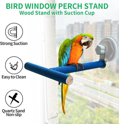 FlidRunest Movable Bird Perch Stand with Suction Cup for Window/Mirror/Car/Shower, Quartz Sands Wood Bird Training Perch Stand for Parrot Parakeet Cockatiel Conure Budgie Lovebird