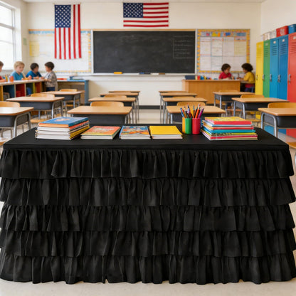 Pufogu Black Tulle Table Skirt 9ft Tutu Ruffled Chiffon Tablecloth For Rectangle Wedding Baby Shower Girls Birthday Party and Cake Dessert Table Decorations(Black, L9(ft), H30in)