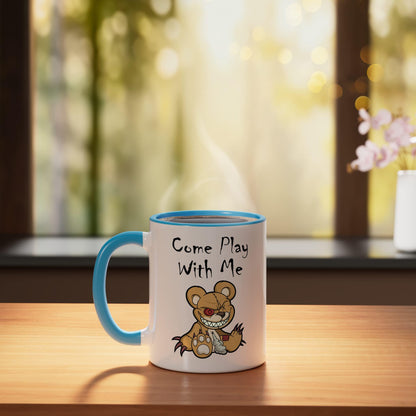 Evil Scary Teddy Bear Come Play With Me Cute Halloween Bear Ceramic Mug, Blue/White
