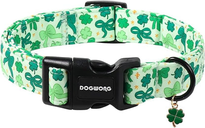 DOGWONG St Patrick's Day Dog Collar-Cute Green Clovers Dog Collar, Adjustable Cotton Shamrock Pet Collar Trefoil Puppy Collars with Quick Release Buckle,XS