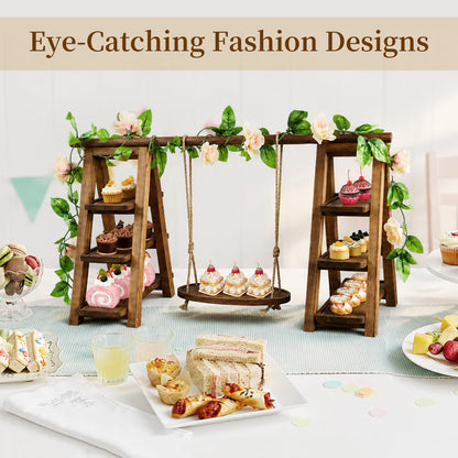Large Wooden 3 Tier Swing Cupcake Stand with Flower Decor, Removable Trays, Foldable Ladder Display for Cake, Snacks, Fruit, Bread, Party & Catering Centerpieces