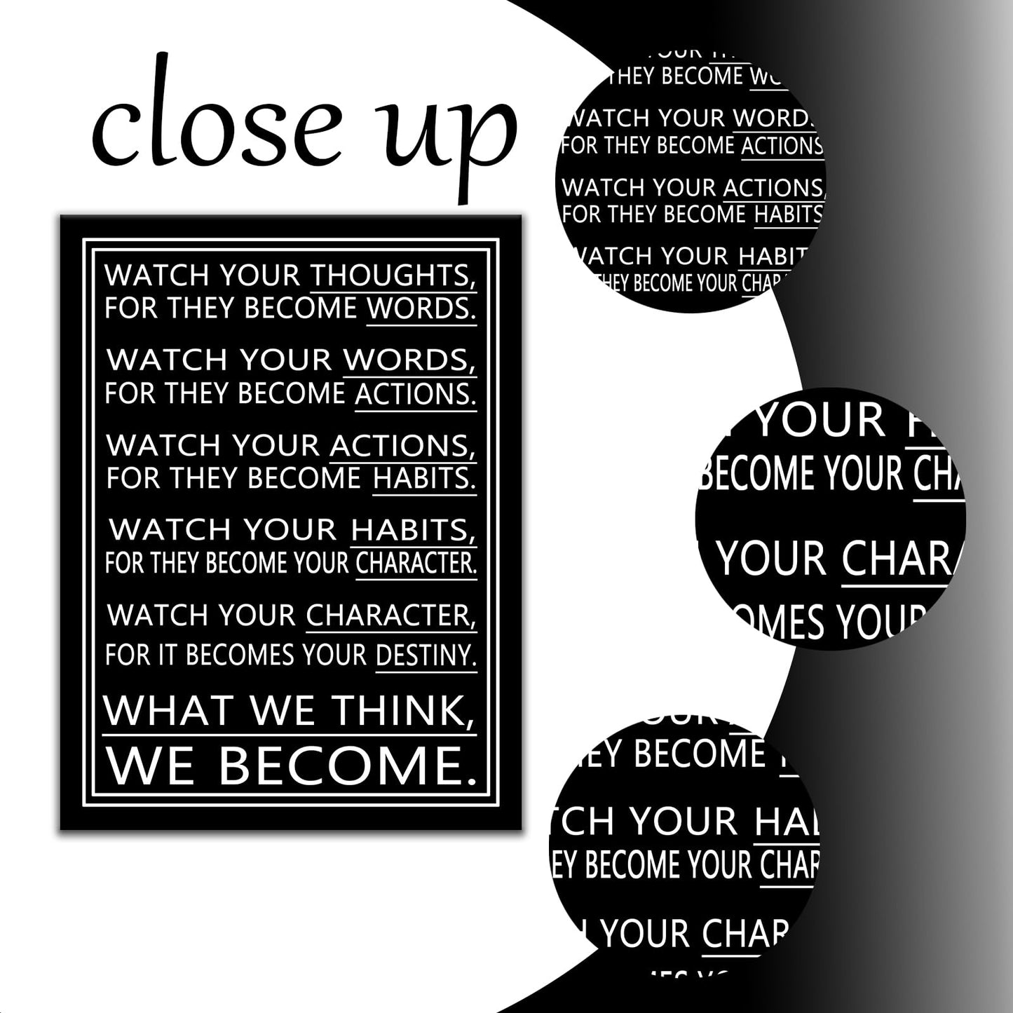 DINGFUN Inspirational Posters Watch Your Thoughts Quote Wall Art, Black White Canvas Poster, Single Panel Framed Decor for Bedroom Dorm Classroom, 24x18 Inch Display Print