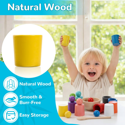 ASFHJP 10 PCS Rainbow Balls in Cups, Mini Wood Classification Cup Game, Rainbow Sorting Balls with Spoon and Tongs, Preschool Learning Educational Montessori Matching Games for 3+ Year Old