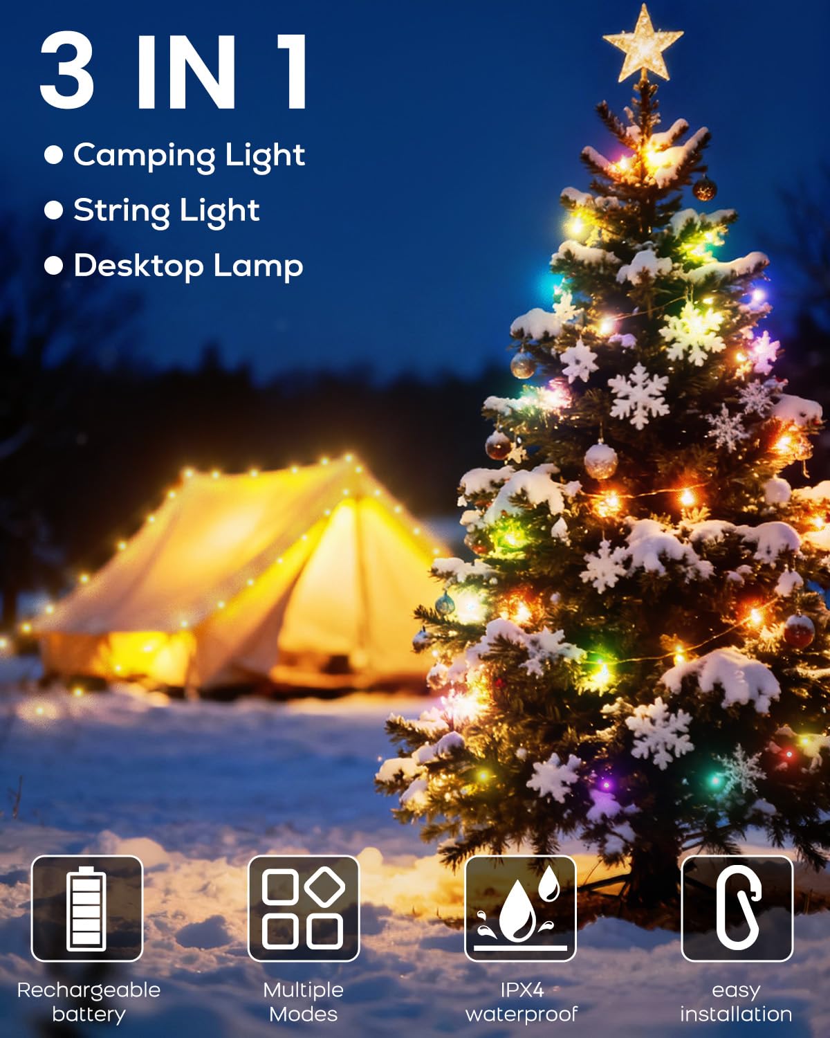 Bylitodt Camping String Lights, 32.8ft RGB Retractable Tent String Lights