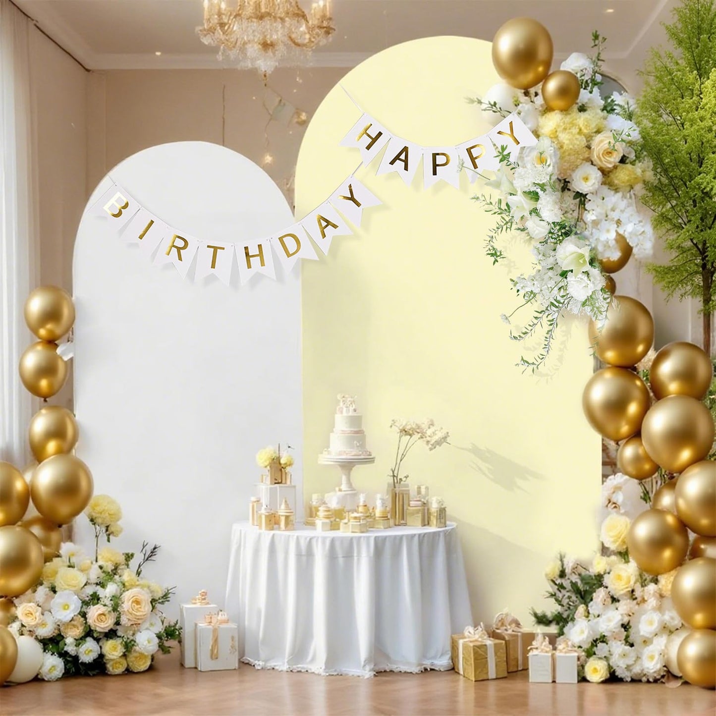 White & Beige Arch Backdrop Cover 7.2 & 6FT, Double Sided Arch Covers Stretchy Backdrop with Zipper Set of 2 Spandex Chiara Stand Cover for Wedding Birthday Party Baby Shower Banquet