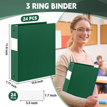 Henoyso 24 Pcs Dark Green 1.5" 3 Ring Plastic Binder Bulk, 1 1/2 Inch Soft Flexible Binders Round Rings, Fits Letter Size 8.5'' x 11'' Paper, Holds 350 Sheets, for School Office (1.5 Inch)