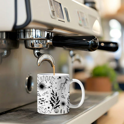 15 oz White & Black Boho Ceramic Coffee Mug with Octopus Art - Comes with a Gift Card - Unique Novelty and Cool Mugs for Men and Women, Ocean Themed Decor and Fun Gifts