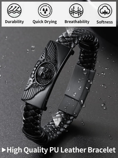 ChainsHouse Mens Braided Leather Black Bracelets Bangles, Wing Skull Bracelet for Dad Husband, 23cm