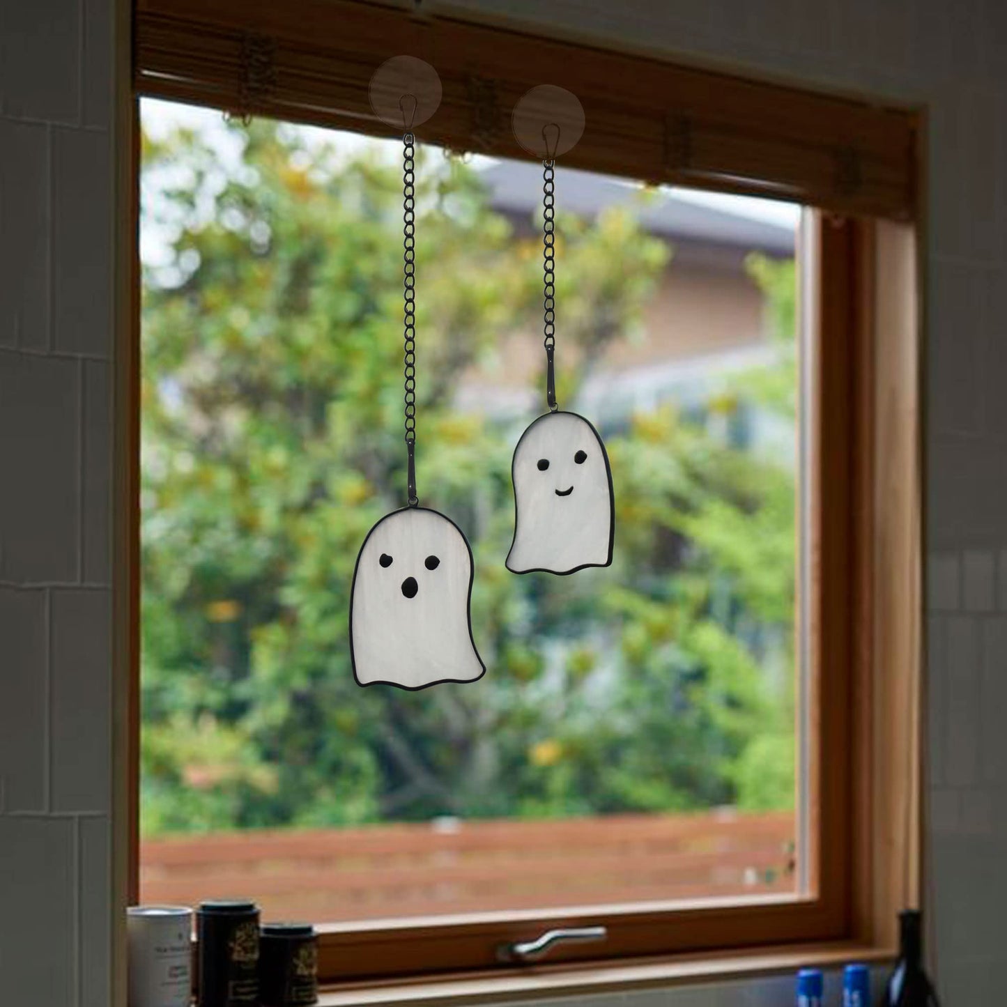 BOXCASA Ghosts Stained Glass Window Hangings,Funny Ghosts Stained Glass Suncatcher Gifts for Girls Boys Women Kids, Cute Ghosts Decor Halloween Ornament for Window,Set of 2