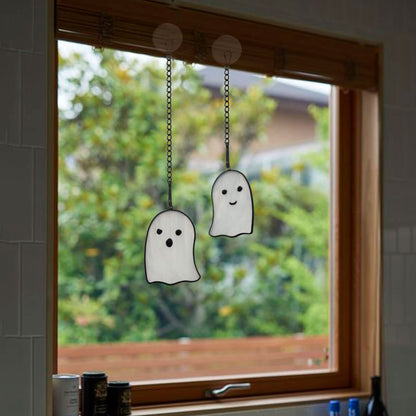 BOXCASA Ghosts Stained Glass Window Hangings,Funny Ghosts Stained Glass Suncatcher Gifts for Girls Boys Women Kids, Cute Ghosts Decor Halloween Ornament for Window,Set of 2