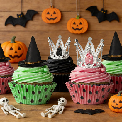 shuielai 24 Pcs Witch Hat & Crown Cake Topper, Mini Wizard Hats Silver Crown Cupcake Toppers, Wicked Witch Birthday Party Decorations & Princess Cake Accessories for Party Supplies & DIY Crafts