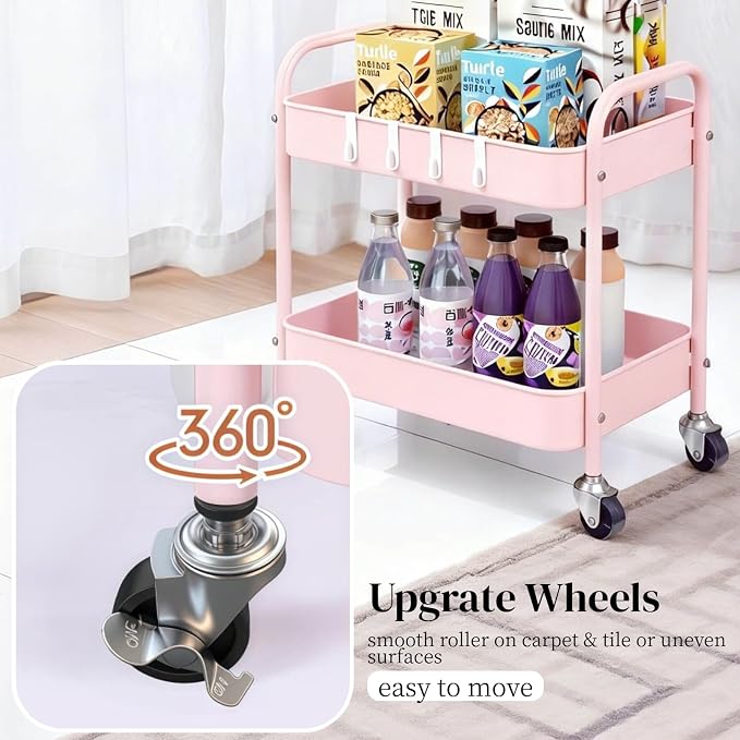 Pink 2 Tier Rolling Cart Metal with Wheels Under Desk Storage Cart for Small Space Organization, Small Trolley for Pantry Room Laundry Bathroom Kitchen Office Art Snack Baby Supplies
