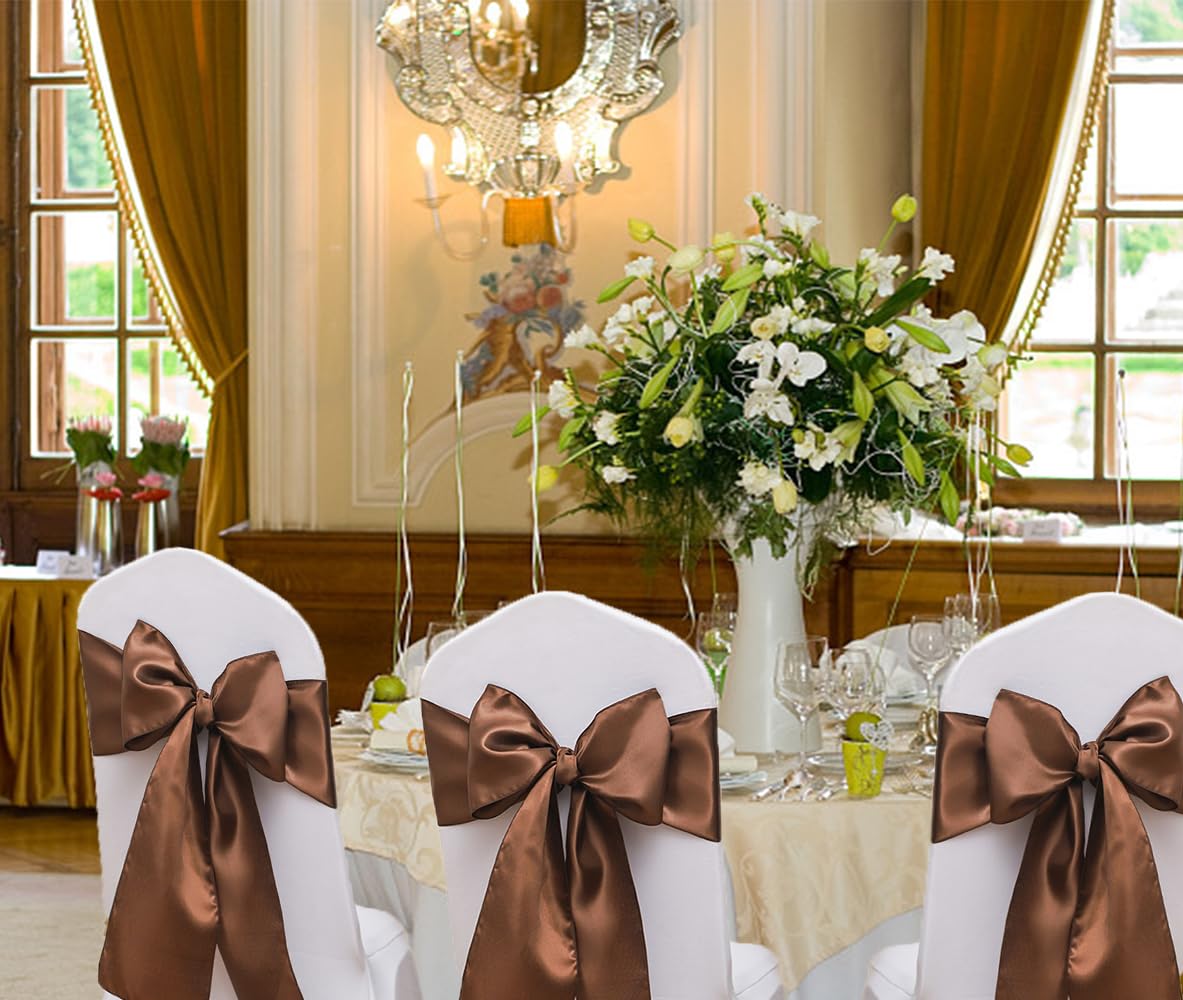 JFDYDM 50 Pack Satin Brown Chair Sashes Bows for Thanksgiving Halloween Autumn Wedding Birthday Party Deocrations, Brown Sashes for Chair Covers Folding Chairs Chiavari Chairs Decorations