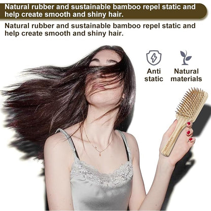 Hair Brush Set for Women & Men, Natural Bamboo Bristles Wet Dry Flat Paddle Detangling Bamboo Brushes Fit All Types Hair, Brush Cleaner Tool included - 3 Pack
